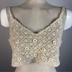 SHEIN Daisy Crochet Crop Top | Cream Floral Boho Cami Tank | Y2K Coconut Girl OS